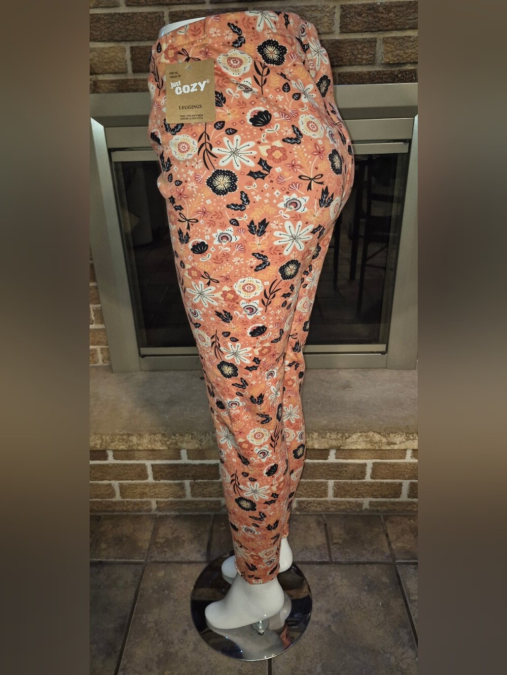 Just Cozy Fleece Leggings Floral Peach Fall Print XL
